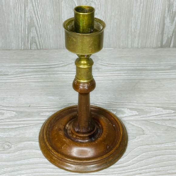 Vintage Brass Turned Wood Georgian Colonial Candlesticks set Holder / Hurricane - Picture 6 of 13